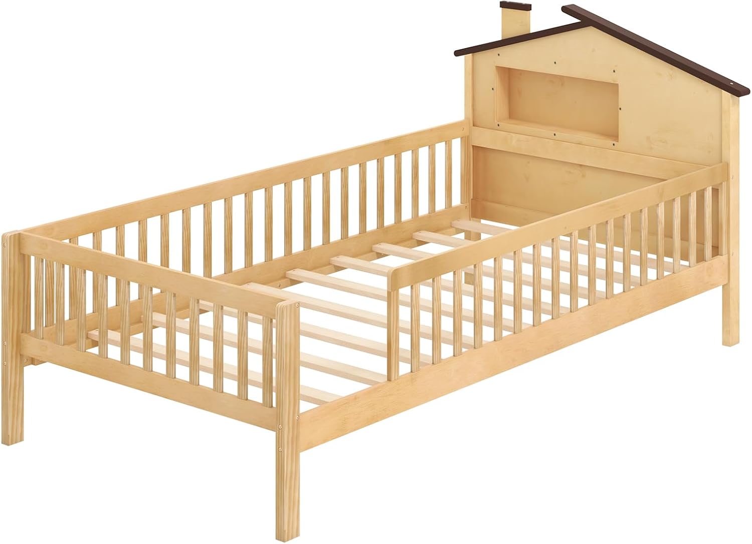 KOMFOTT Twin Bed Frame with Rails & House Shaped Headboard, Solid Wood Platform Bed with Safety Guardrails, Storage Cube & Under-Bed Storage, No Box Spring Needed, Twin Bed with Rails (Natural)