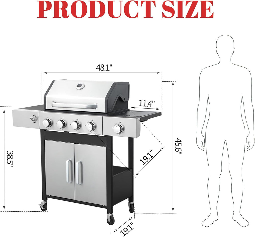 3-Burner Propane Gas BBQ Grill, Stainless Steel Propane Grill 36,900 BTU Outdoor Cabinet Style with Wheels, Wire Rack and Two Foldable Side Table for Outdoor Barbecue Cooking (5-Burner Grill,Silver)