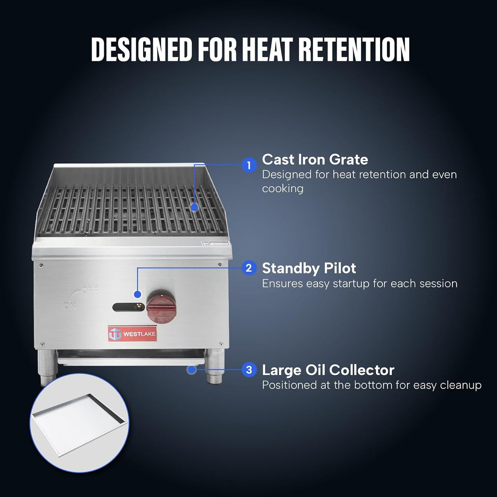 WESTLAKE 16'W Commercial Charbroiler Gas Countertop Single Burner Natural Gas and Propane 30,000 BTU Char Broiler Stainless Steel BBQ Stove Grill for Restaurants