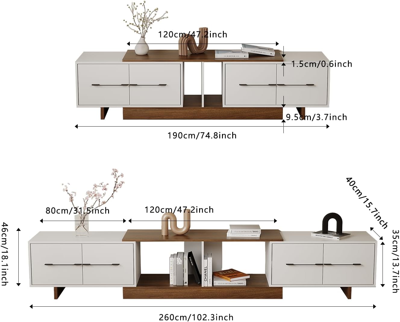Extendable TV Stand, Modern TV Console with 4 Large Drawers and Adjustable Shelves, Entertainment Center Fits Up to 120' TV, Media Console for Living Room, Walnut & White (Extendable 74.8'-102.3')