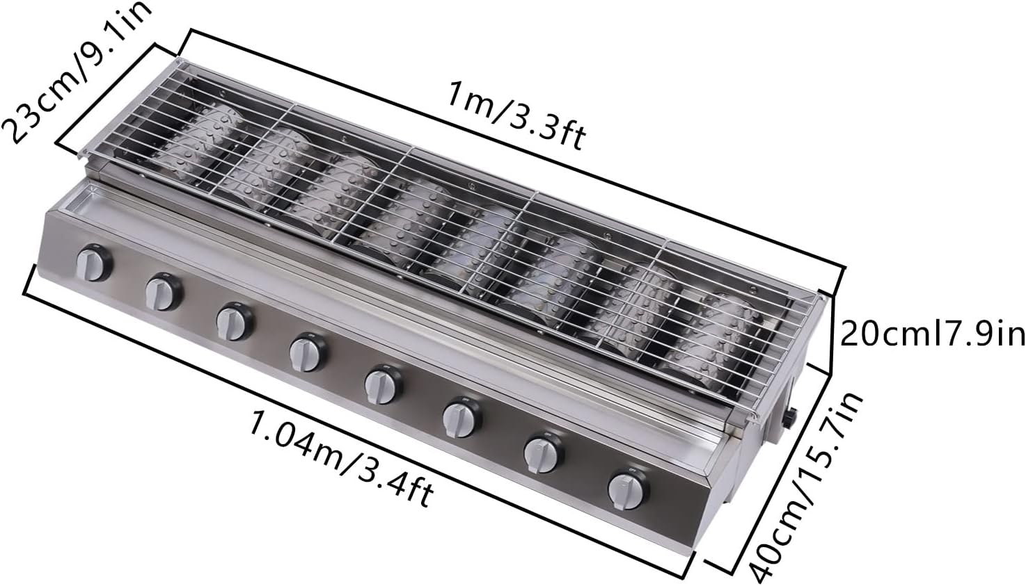 8 Burner BBQ Gas Grill, Stainless Steel LPG Propane Indoor Steak Grill Countertop Flat Top Griddle Tabletop Patio Garden Barbecue Grill with Removable Grill Net for Kitchen, Height Adjustable