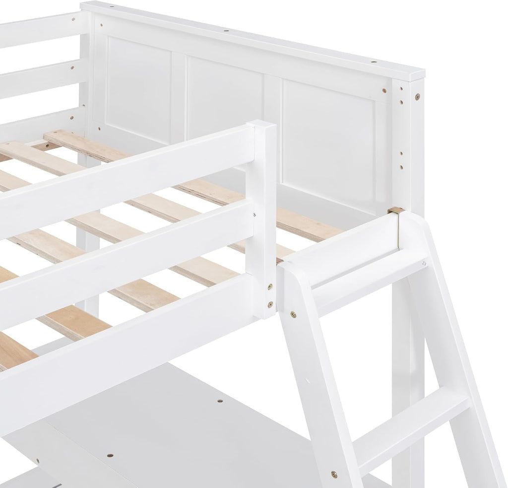Ball & Cast Twin Over Full Bunk Bed with Safty Guardrail & Stairway,Heavy Duty Wood Loft Bedframe W/Desk & Drawers,Easy Assembly,Versatile Functional Bedroom Furniture Set for Boy Girl Teens,White