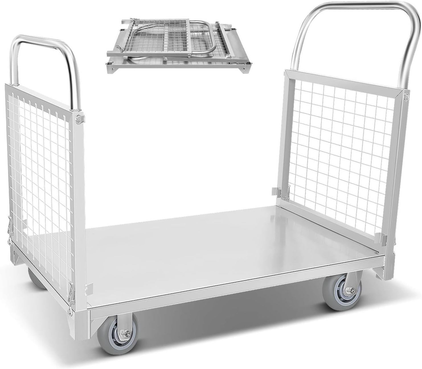 4IN1 Platform Truck Cart with Cage, 2200lbs Loading Platform Truck with 360° Casters, Heavy Duty Steel Flatbed Cart 40.1'*23.2'*19.6', Multi-Functional Push Dolly for Apartment, Workshop, Storage