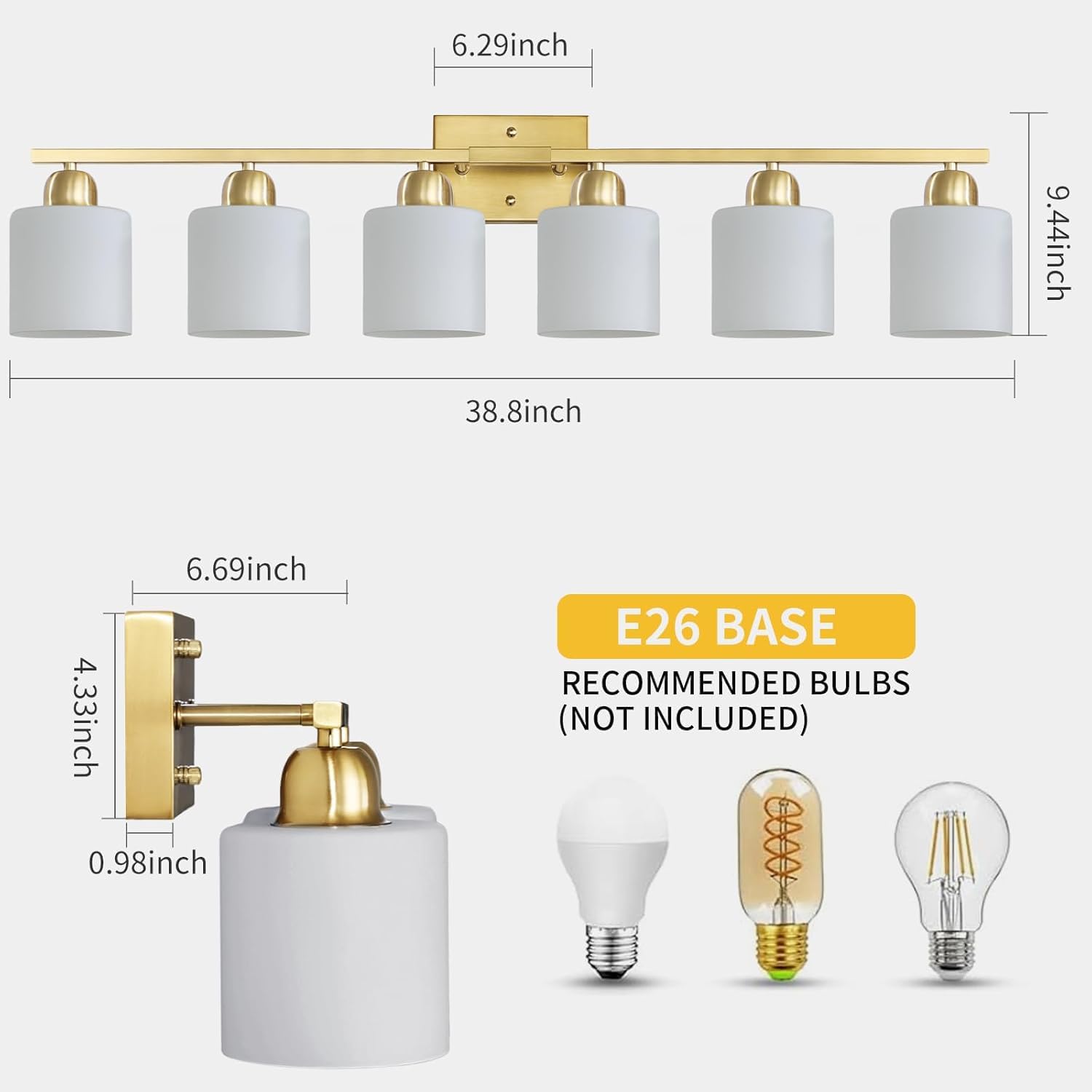 6 Light Gold Bathroom Vanity Light for Large Mirror, Gold Vanity Lights for Bathroom with Milky White Frosted Glass Shades, 38 inch Wall Lamp for Mirrors Living Room E26 Base