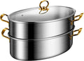 Generic Stainless Steel Fish Steamer Elliptical Roasting Pan Multi-Use Oval Pasta Pot Braiser Stockpot with Rack, Induction Compatible Dishwasher/Oven Safe Turkey Roaster(Double Layer)
