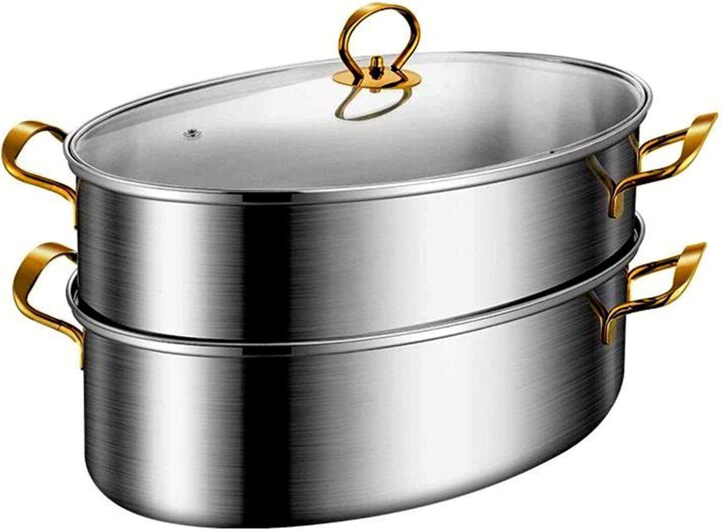 Stainless Steel Fish Steamer Elliptical Roasting Pan Multi-Use Oval Pasta Pot Braiser Stockpot with Rack, Induction Compatible Dishwasher/Oven Safe Turkey Roaster(Double Layer)
