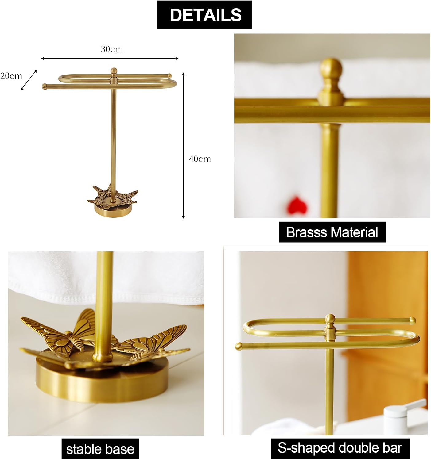 Brass Gold Freestanding Hand Towel Holder for Bathroom Countertop, Decorative Kitchen Towel Holder Stand (C)
