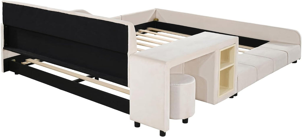 Merax Queens Size Velvet Bed Frames Upholstered Grounded Bed, Wooden Mother & Child Bed with Bedside Desk and Little Round Stool,Kids Adults Bedroom Floor Platform Bed,Beige