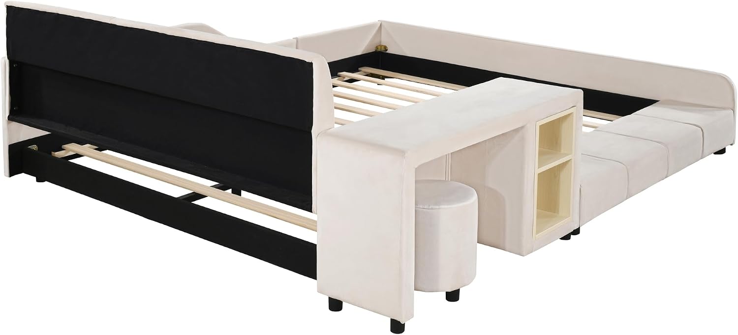Merax Queens Size Velvet Bed Frames Upholstered Grounded Bed, Wooden Mother & Child Bed with Bedside Desk and Little Round Stool,Kids Adults Bedroom Floor Platform Bed,Beige