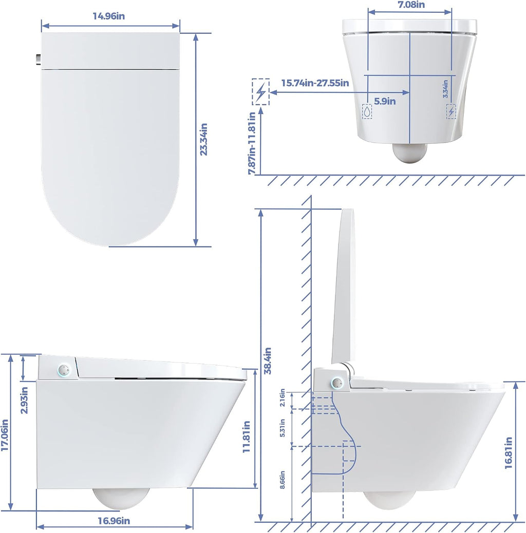 HOROW Luxury Wall Mounted Bidet Toilet with Instant Warm Water, Smart Toilet with Auto Open Lid, Heated Seat, Dryer, Modern Toilet, White Rear Discharge Toilet without Toilet Tank Carrier