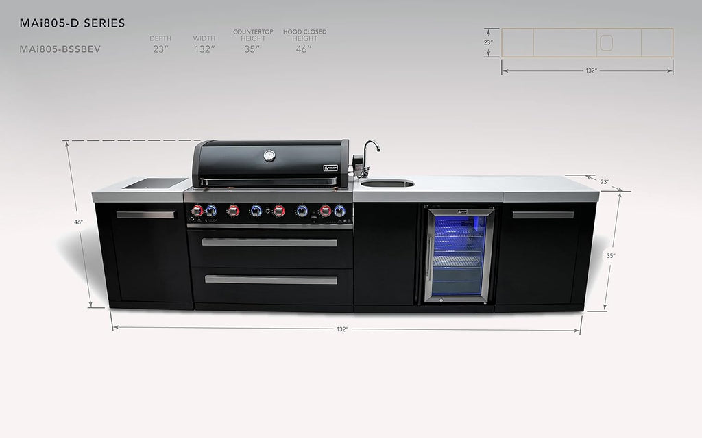 Mont Alpi 132'W Black Stainless Steel Outdoor Kitchen Island with 44'W 6-Burner BBQ Gas Grill + Beverage Center Faucet & Sink + Refrigerator + Side Burner Pizza Oven + Charcoal Tray + Griddle Plate