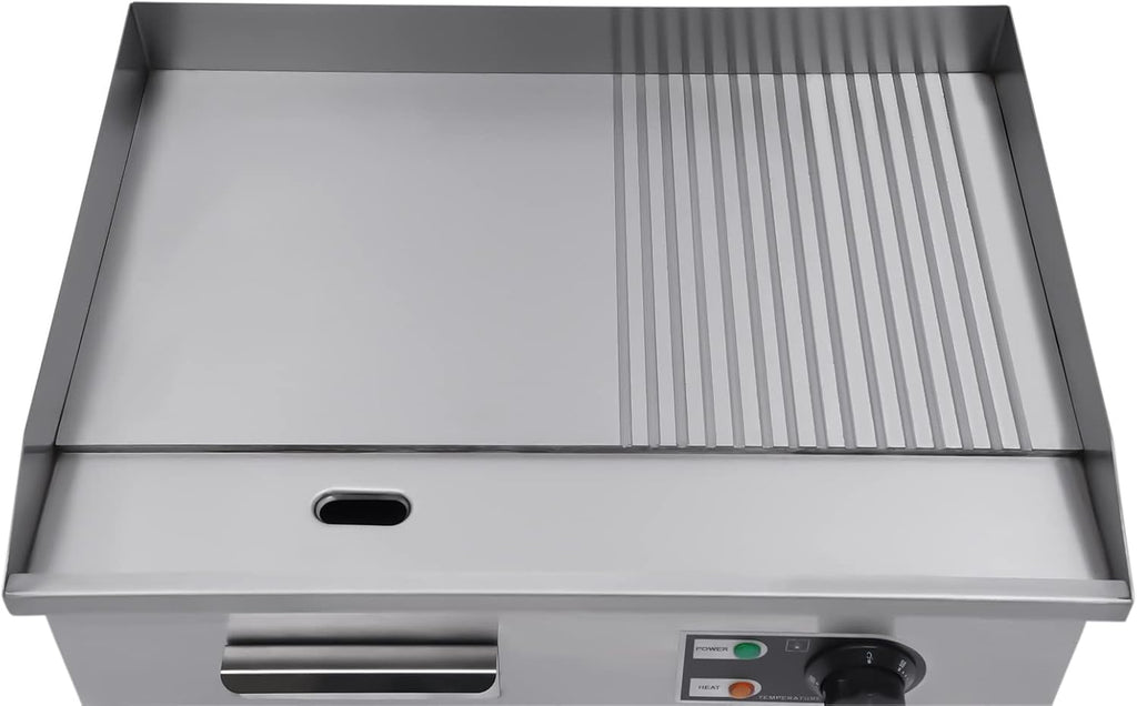 22' Commercial Electric Griddle, 1600W Electric Flat Top Grill, Flat & Fluted Cooking Surface, 122℉-572℉ Adjustable Temperature, Stainless Steel Electric Countertop Griddle for Restaurant