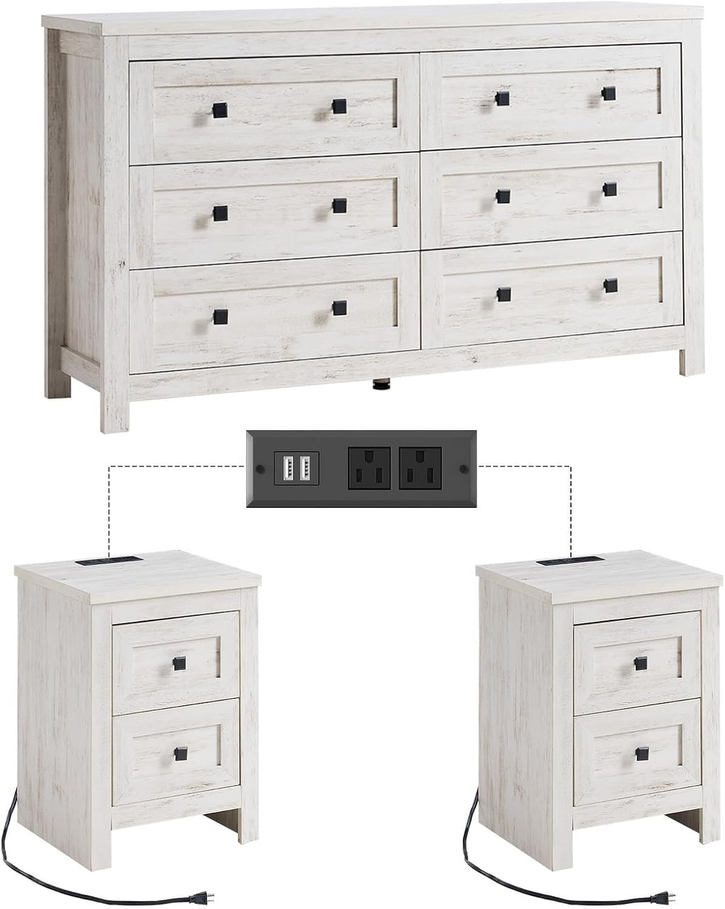 LUXOAK Bedroom Dresser and Nightstand 3 Piece Set, 1 X Wood Rustic 6 Drawer Storage Dresser, 2 X Farmhouse Nightstand with Charging Station, Farmhouse Bedroom Furniture Set, Rustic White