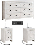 LUXOAK Bedroom Dresser and Nightstand 3 Piece Set, 1 X Wood Rustic 6 Drawer Storage Dresser, 2 X Farmhouse Nightstand with Charging Station, Farmhouse Bedroom Furniture Set, Rustic White