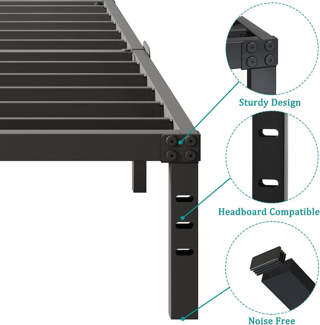 King Bed Frame and Headboard Holes with Storage No Box Spring Needed Black Metal Platform Heavy Duty Bed Frames Support up to 3500 Lbs Noise Free Easy Assembly Non-Slip Design 14 Inch
