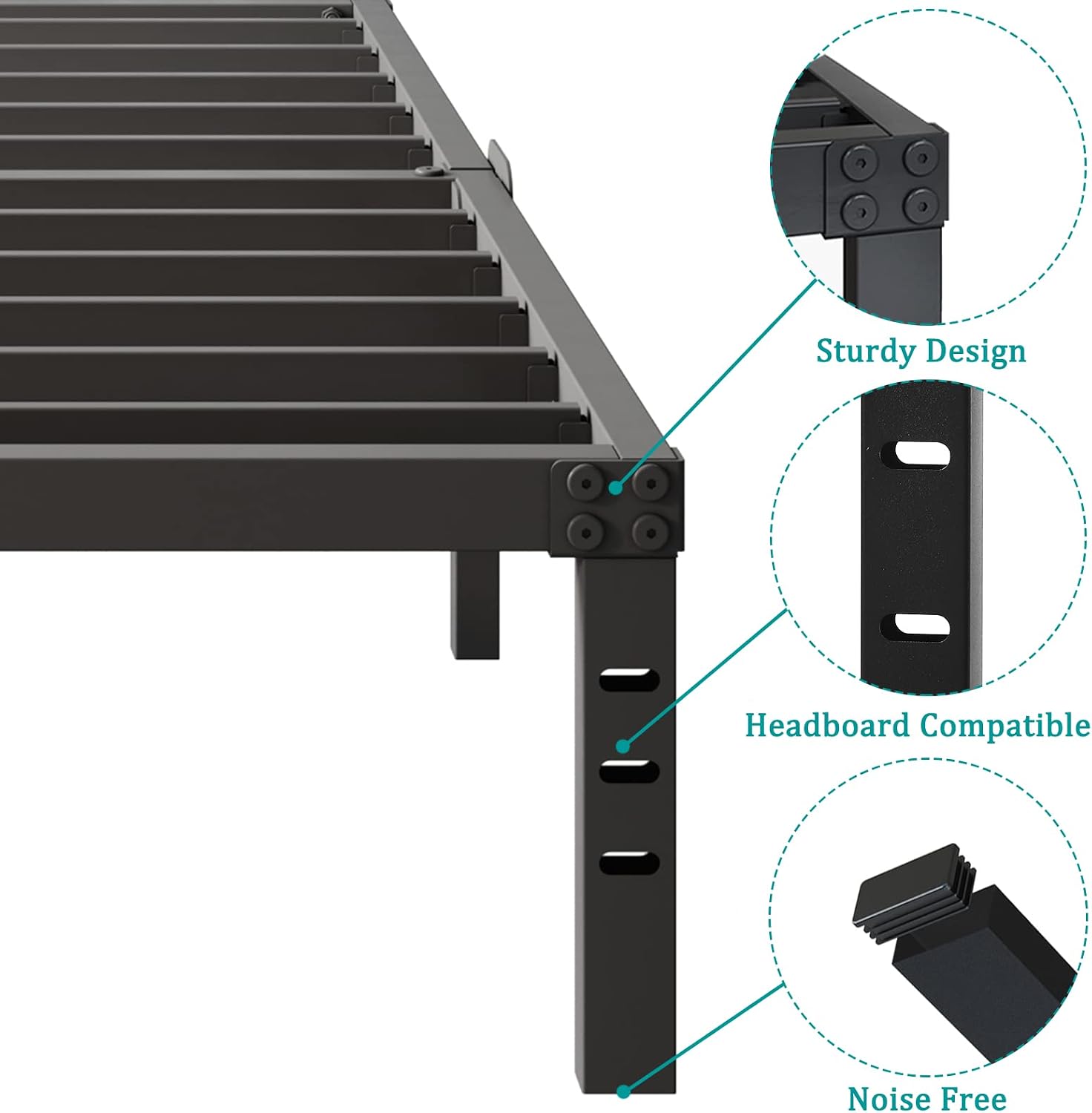 King Bed Frame and Headboard Holes with Storage No Box Spring Needed Black Metal Platform Heavy Duty Bed Frames Support up to 3500 Lbs Noise Free Easy Assembly Non-Slip Design 14 Inch