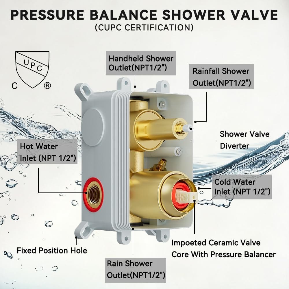Shower Systems STARBATH 12+6' Round Dual Rainfall Shower Head with Handheld Spray for Two People, Wall Mounted 3 Way Rain Shower Faucet Sets Complete, Included Valve and Trim Kit, Brushed Gold