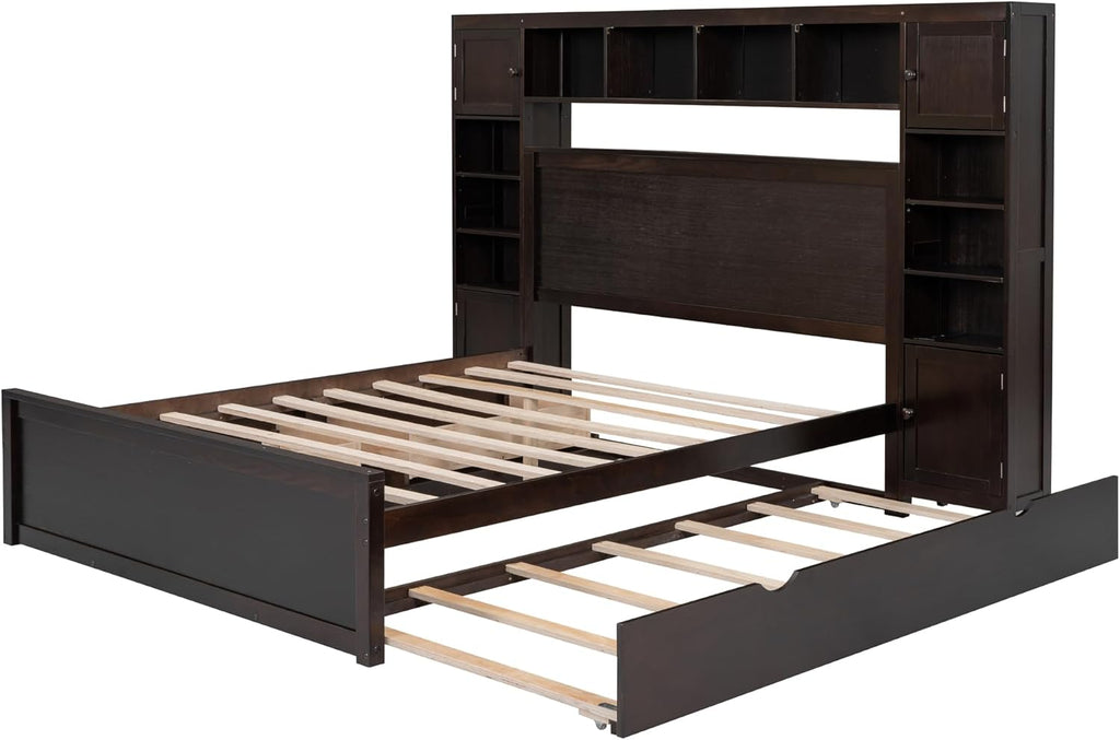 MERITLINE Queen Platform Bed with Storage Headboard,Trundle and Drawers,Solid Wood Queen Bed Frame with Charging Station and Storage for Adults(Espresso)