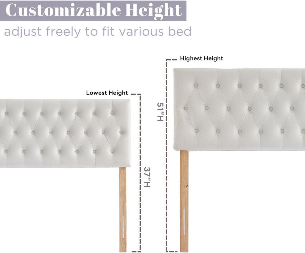 Kingfun Tufted Upholstered King Size Bed Headboard in Modern Button Design, Adjustable Solid Wood Head Board, Premium Velvet Fabric Padded Headboards in Bedroom (White)
