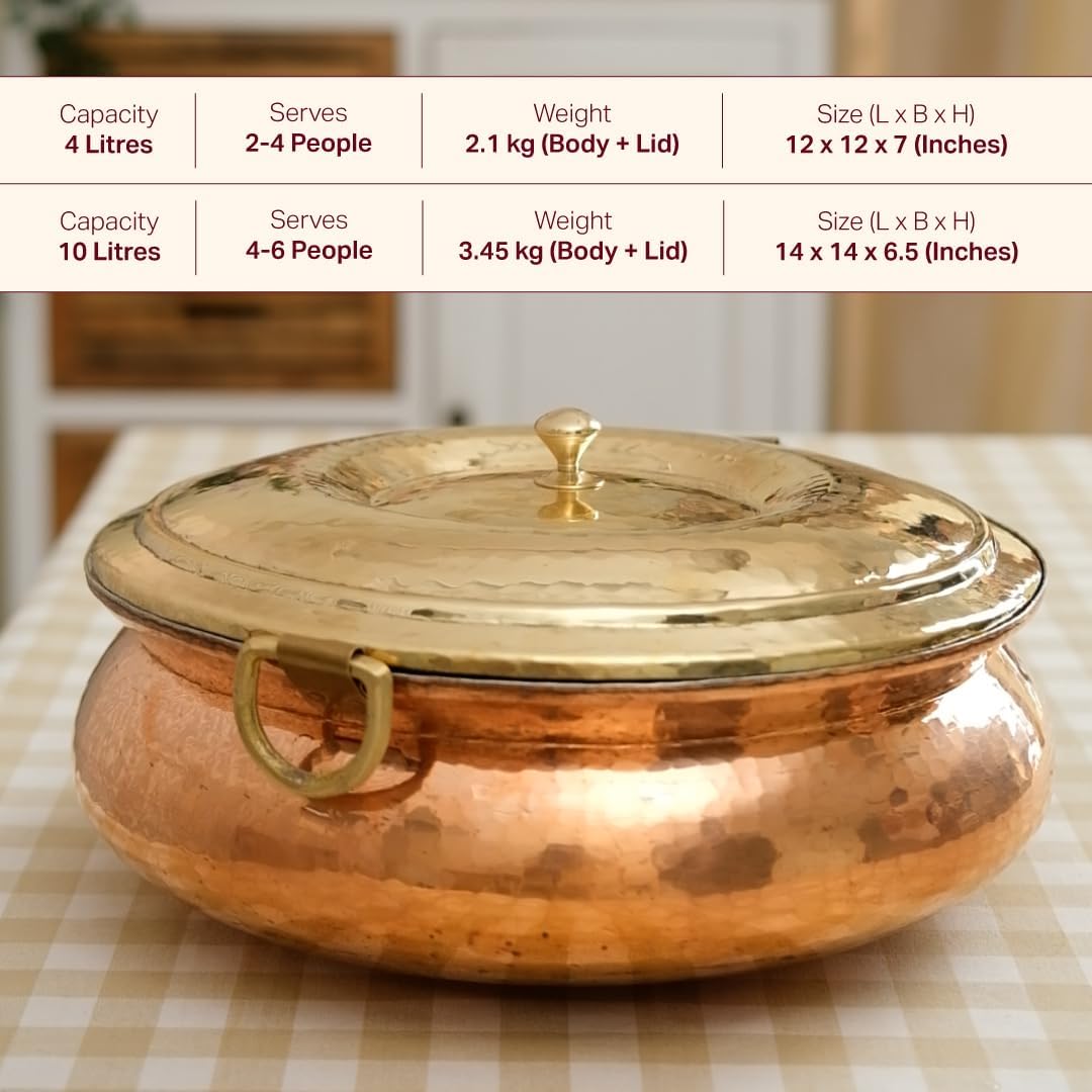 P•TAL Copper Hammered Lagaan 10L | Tin Coated with Brass Lid | 100% Pure Copper Degchi for Cooking Biryani Handi Ptal Brass Utensils for Kitchen