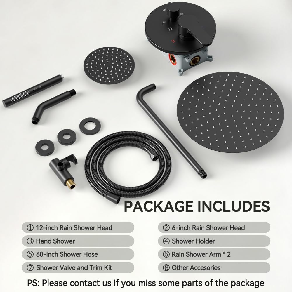Shower Systems STARBATH 12+6' Round Dual Rainfall Shower Head with Handheld Spray for Two People, Wall Mounted 3 Way Rain Shower Faucet Sets Complete, Included Valve and Trim Kit, Matte Black
