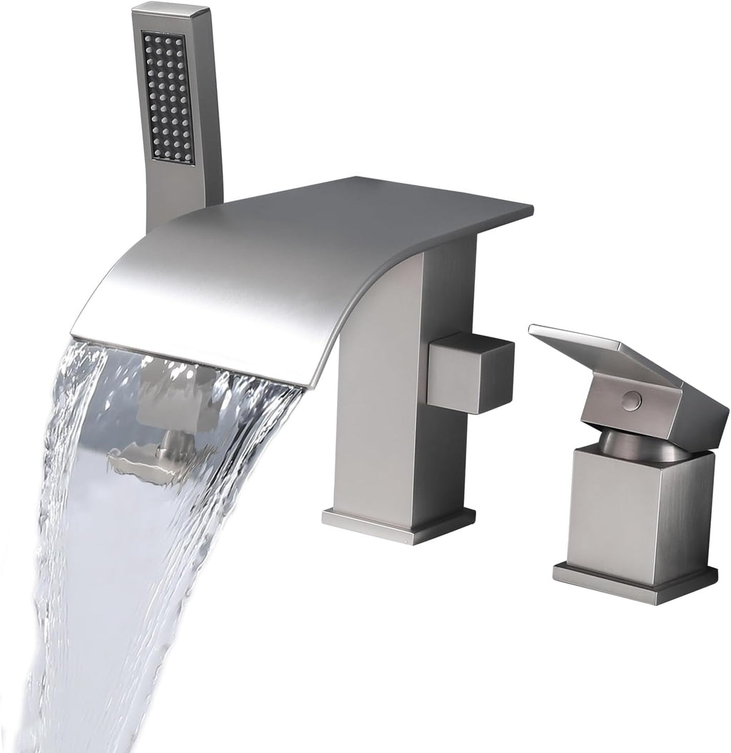 Waterfall Roman Tub Faucet with Hand Shower, Deck Mount Tub Filler Bathtub Faucet with Sprayer, Brass Widespread 3 Hole Bathtub Shower Faucet Set Brushed Nickel