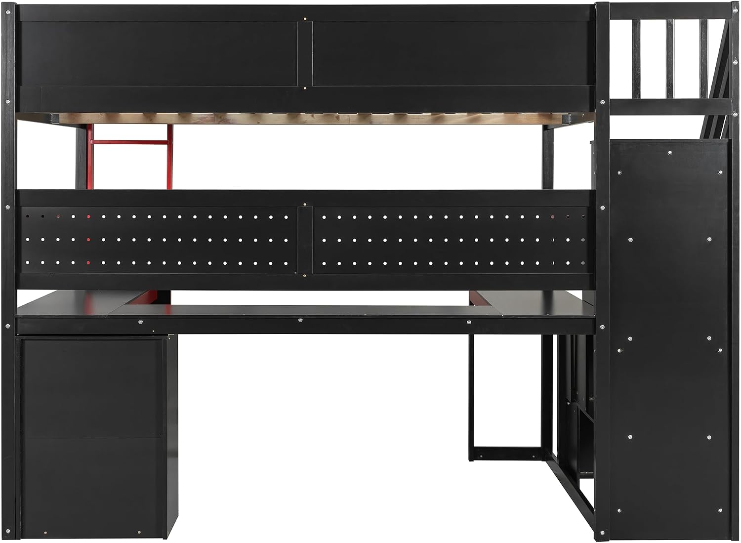 Ball & Cast Gaming Full Size Loft Bed with Storage Stairs,Wood Gamer Loft Bed Frame W/Desk,Shelves and Pegboard,High Loft Bed W/Full-Length Guardrail,Bedroom Furniture for Student Dorms,Black+Red