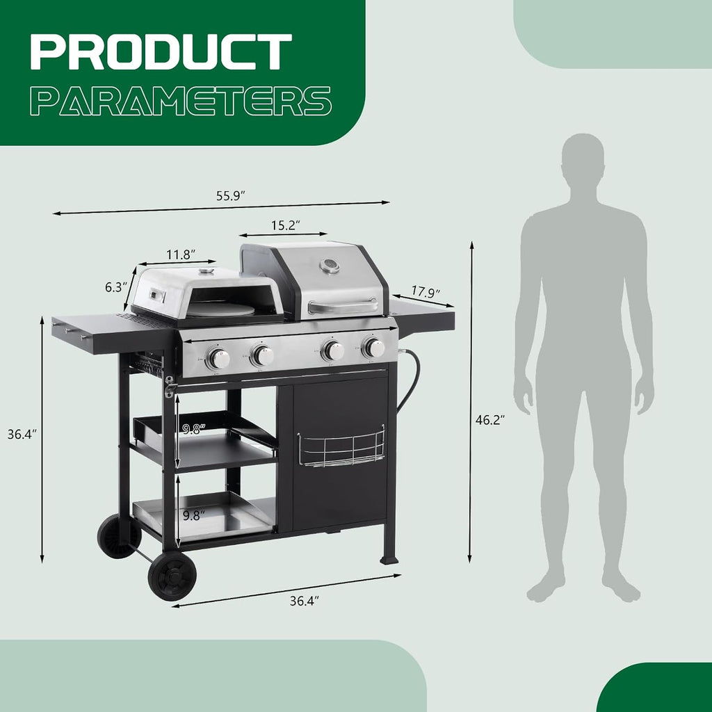 2+2 Multi-function Pizza Griddle Grill Combo,4 Burners Stainless Steel Propane Gas Grill,49,200 BTU Output for Outdoor BBQ,Frying,Pizza Making,Patio Backyard Barbecue,Deck