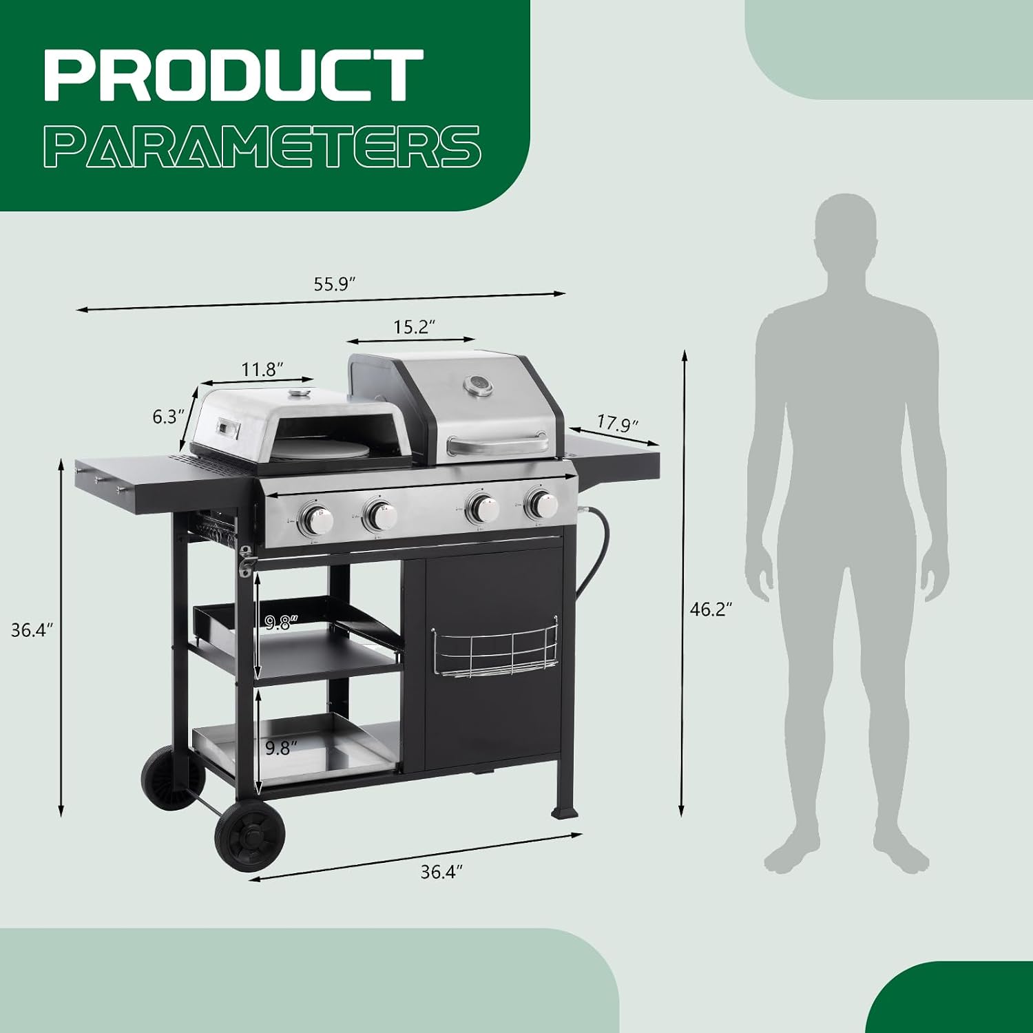 2+2 Multi-function Pizza Griddle Grill Combo,4 Burners Stainless Steel Propane Gas Grill,49,200 BTU Output for Outdoor BBQ,Frying,Pizza Making,Patio Backyard Barbecue,Deck