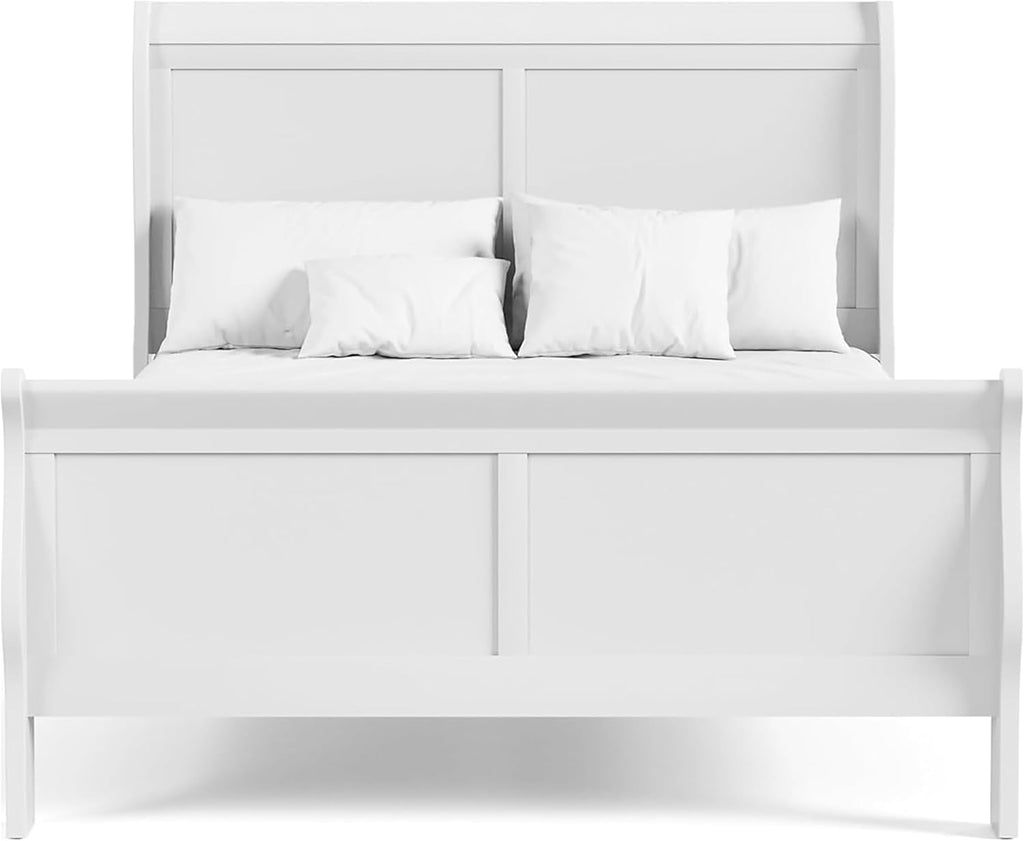 Furniture of America Louis Philippe Traditional Wood Bed Frame with Headboard and Footboard, Elegant Sleigh Design Bedframe for Bedroom, Guest Room, Easy Assembly, Box Spring Required, Queen, White