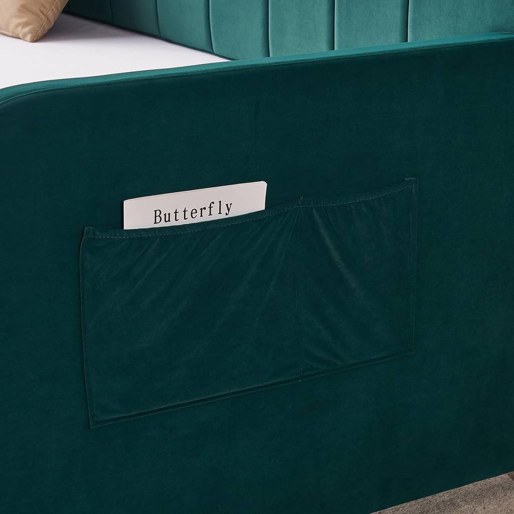 Twin to King Daybed with Trundle, USB Ports, Velvet Upholstered Daybed with Pop Up Trundle Bed, Modern Extendable Day Bed Frame for Kid Adult Bedroom Living Room Guest Room Small Places Emerald