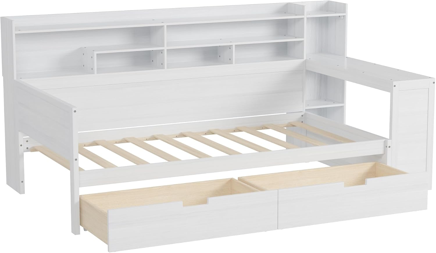 Twin Size Daybed with Desk,Storage Drawers and Shelves, Pine Wood Captains Bed Frame with Bookcase and Headboard for Kids Boys Girls Teens, Antique White