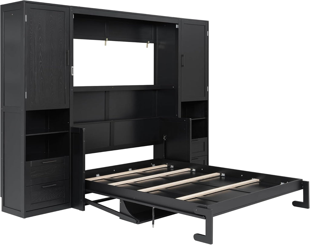 Merax Queen Size Murphy Bed with Desk, Multifunctional Foldable Wall Bed with Closet, Drawers and Shelves, Space-Saving Wood Bed Frame for Small Space Studio Study Office Guest Room, Black(Oak Veneer)