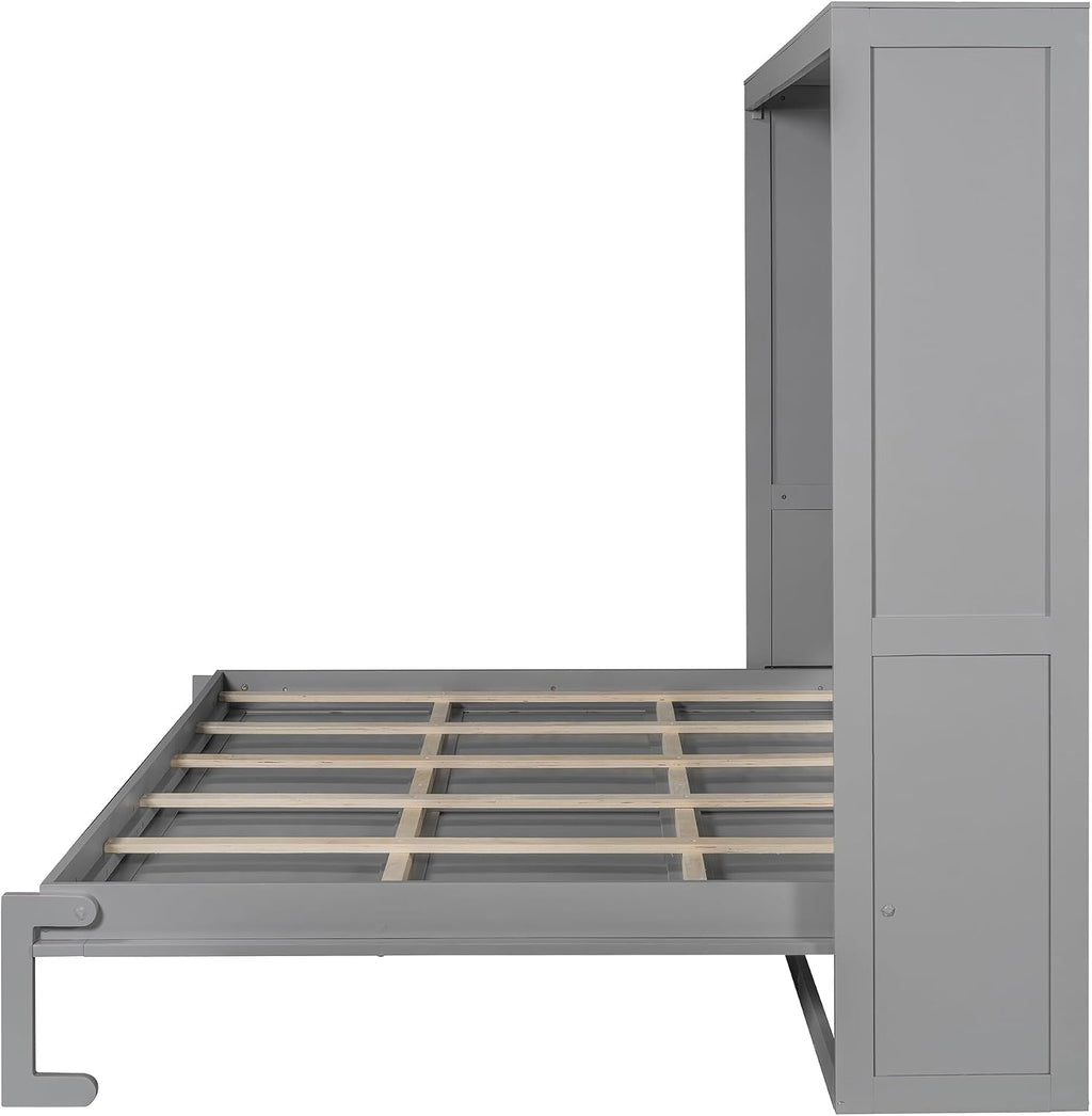 Harper & Bright Designs Queen Size Murphy Bed, Wooden Queen Wall Bed Modern Design with LED Lights, Gray