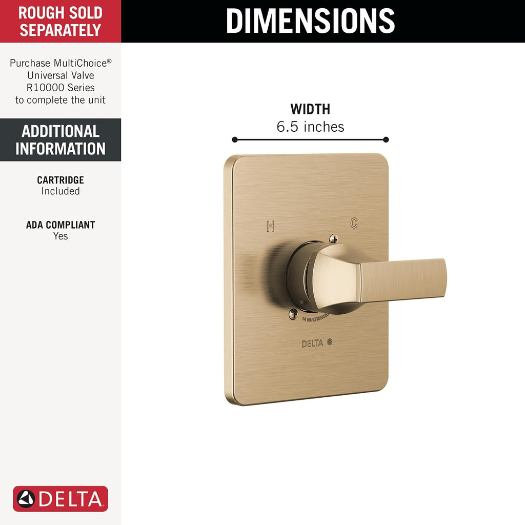 Delta Velum 14 Series Single-Function Valve Trim Kit, Brushed Gold Handle Set for Shower Faucet System, Champagne Bronze T14037-CZ (Valve Not Included)
