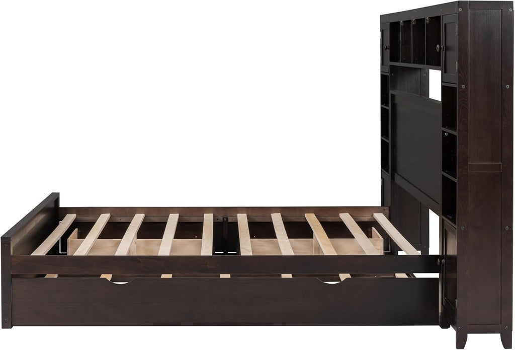 MERITLINE Queen Platform Bed with Storage Headboard,Trundle and Drawers,Solid Wood Queen Bed Frame with Charging Station and Storage for Adults(Espresso)