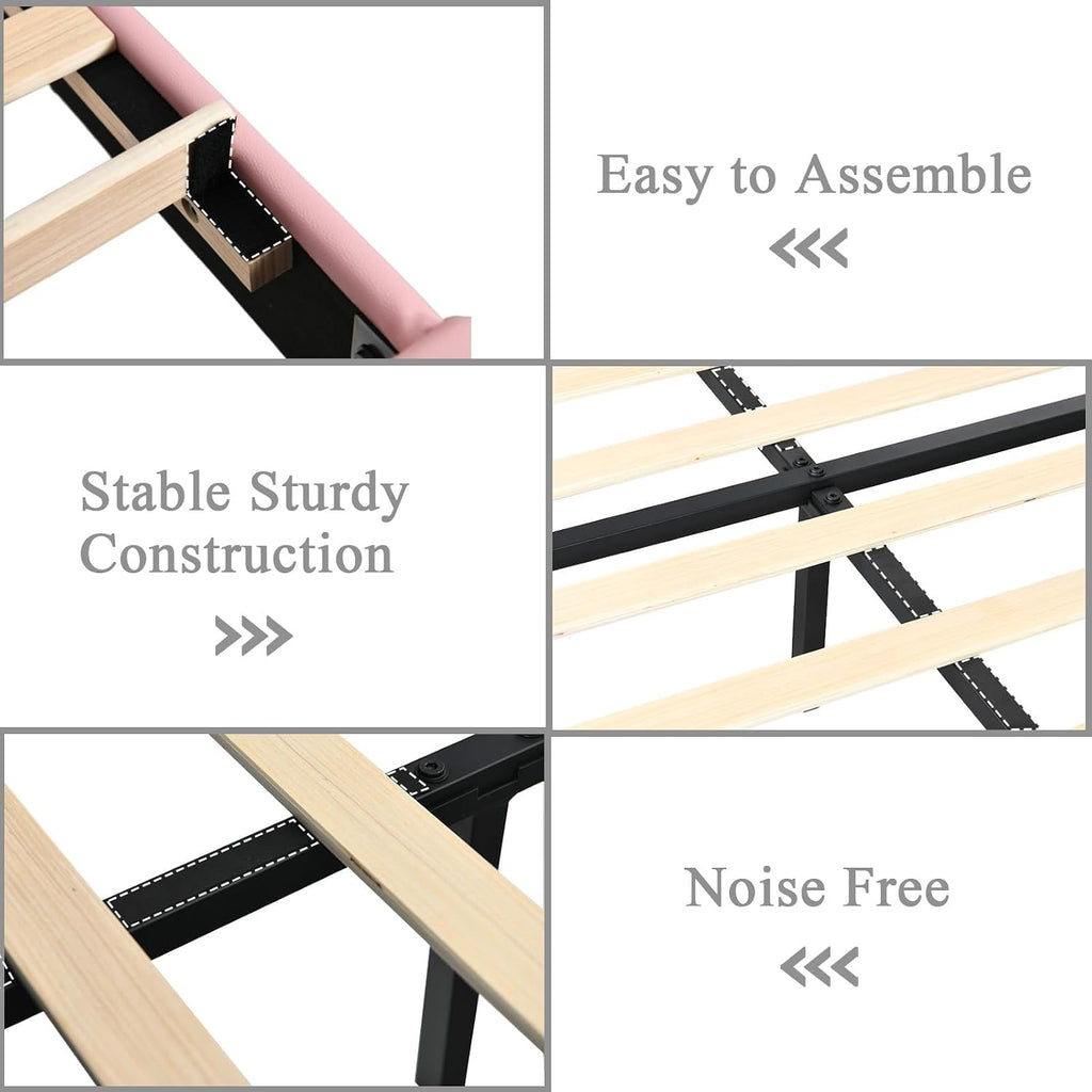 HOMBCK King Bed Frame and Headboard, Faux Leather Upholstered Bed with Wingback Design, Pink Bed Frame with Diamond, No Box Spring Needed, Easy Assembly, Pink