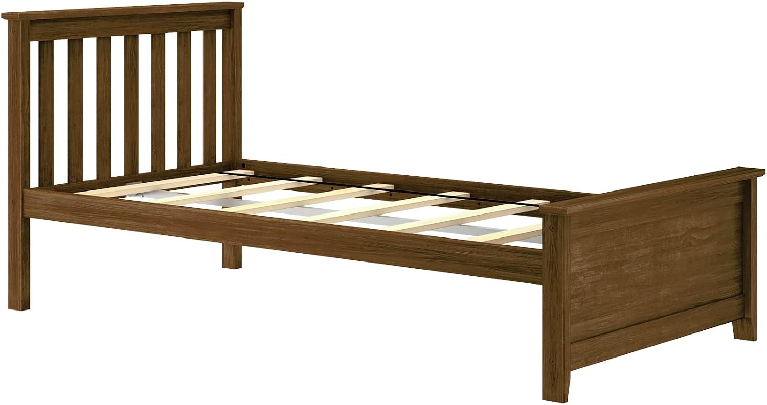 Max & Lily Twin Bed Frame with Slatted Headboard, Solid Wood Platform Bed for Kids, No Box Spring Needed, Easy Assembly, Walnut