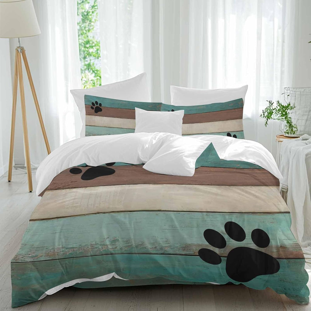 Farmhouse Duvet Cover Set Queen Size 4 Pieces Cute Animal Claws Vintage Green Brown Wood Grain Bedding Set with Zipper Closure, 1 Comforter Cover 92x106 Inches 1 Flat Sheet & 2 Pillow Cases