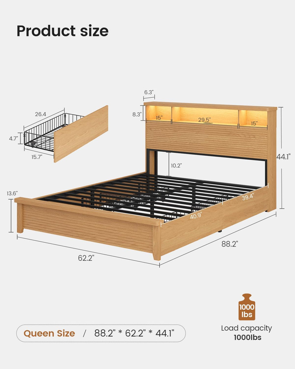 VIAGDO Wood Bed Frame Queen Size with 4 Storage Drawers & Bookcase Headboard, Led Wooden Queen Bed Frame with Charging Station,No Box Spring Needed,Wood