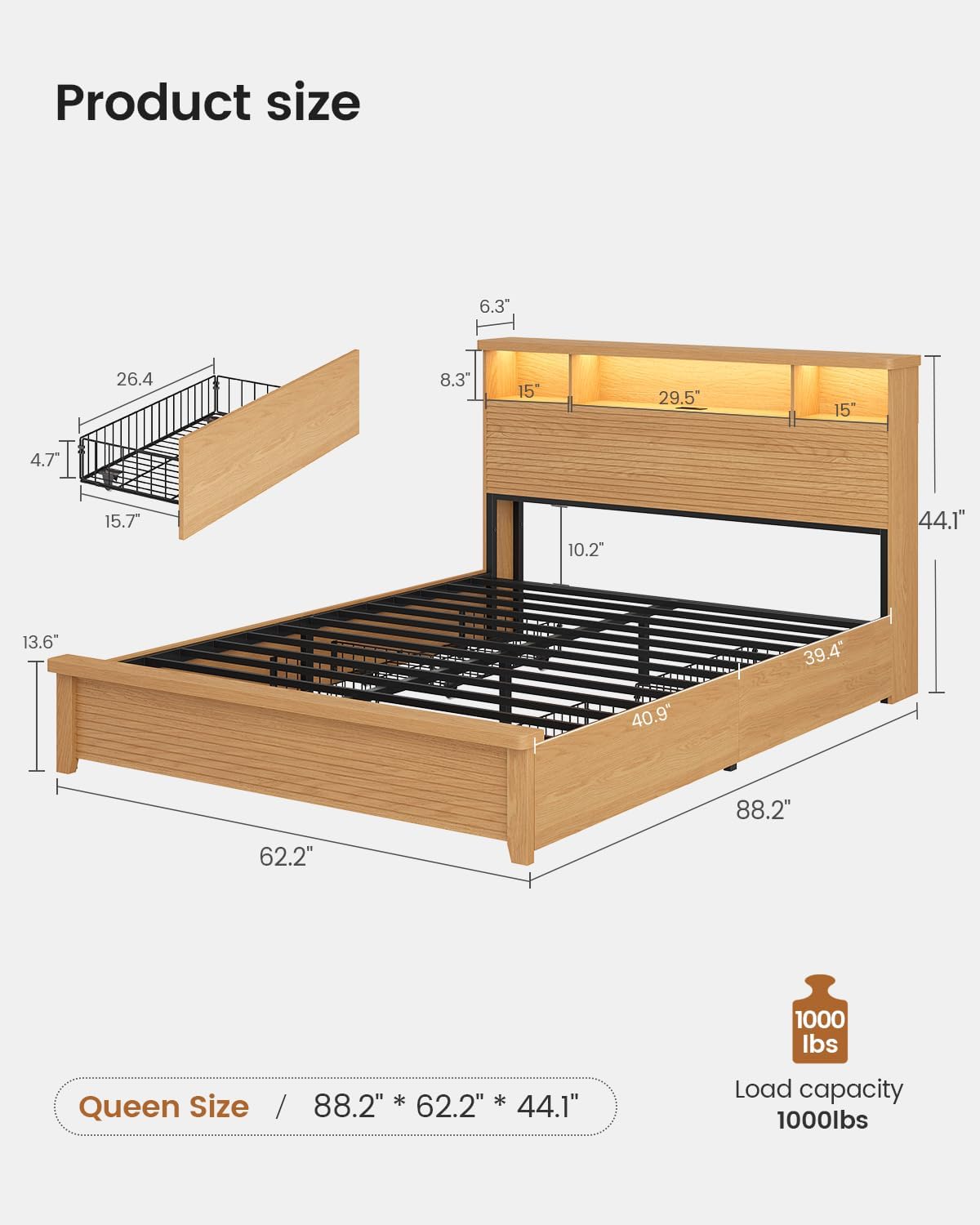 VIAGDO Wood Bed Frame Queen Size with 4 Storage Drawers & Bookcase Headboard, Led Wooden Queen Bed Frame with Charging Station,No Box Spring Needed,Wood