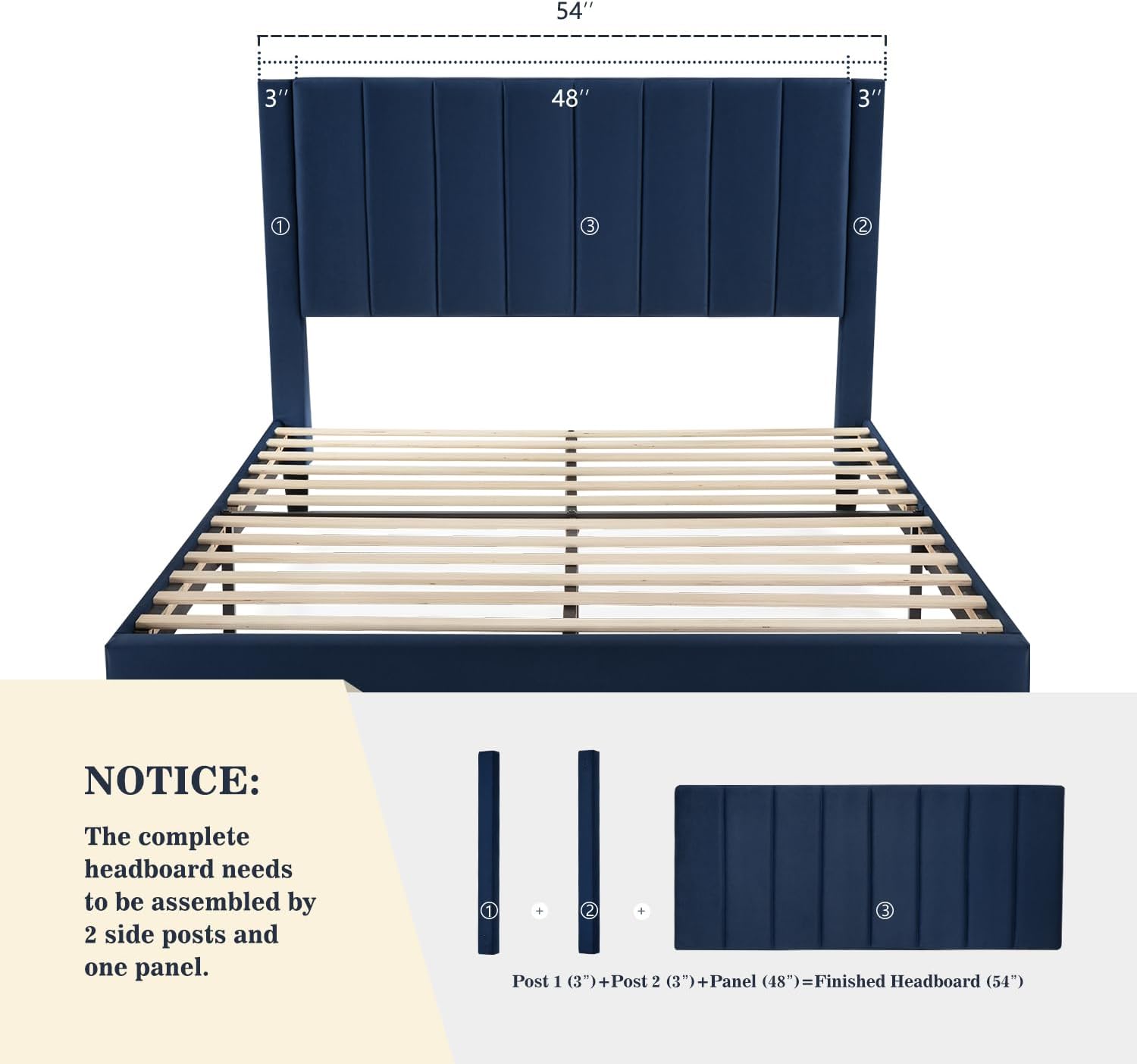 Allewie Full Platform Bed Frame/Velvet Upholstered Bed Frame with Vertical Channel Tufted Headboard/Strong Wooden Slats/Mattress Foundation/Box Spring Optional/Easy Assembly/Navy Blue