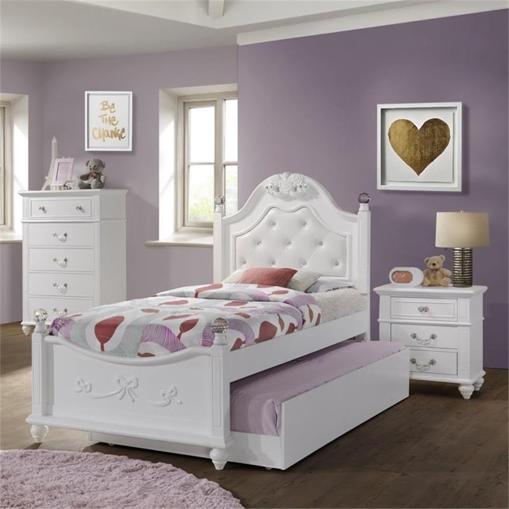 Pemberly Row Contemporary 4 Piece Twin Platform Bedroom Set, Solid Rubber Wood with White Faux Leather Headboard, Trundle Storage, Crystal Ball Posts, Bow Moldings, Bedroom Furniture for Kids or Teens