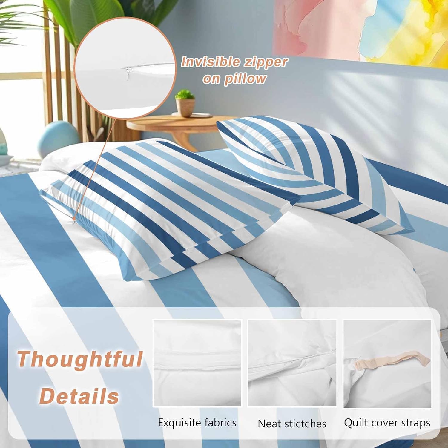 Prime Leader Gradient Blue White Striped Duvet Cover Set Queen Size 4 Pieces Modern Minimalist Lines Bedding Set with Zipper Closure, 1 Comforter Cover 86x86 Inches 1 Flat Sheet & 2 Pillow Cases