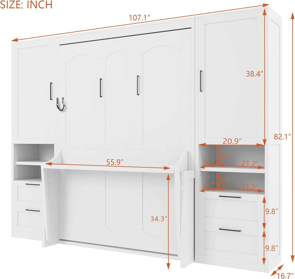Merax Full Size Murphy Bed with Desk, Closet, Drawers and Shelves, Multifunctional Foldable Wood Platform Bed Frame for Small Spaces Studio Study Office Guest Room, Space-Saving Design, White