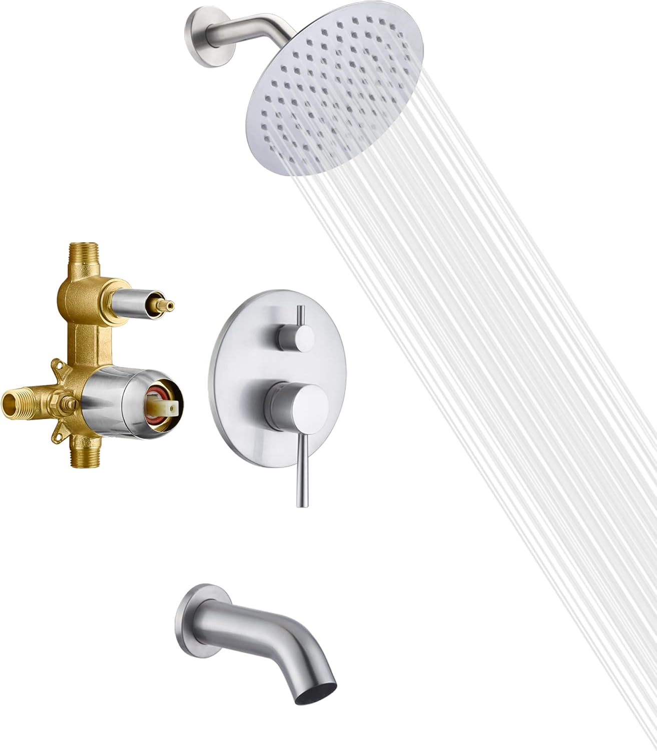 sumerain Tub and Shower Faucet with Rough in Valve, Brushed Nickel Shower Faucet with Tub Spout, 8 Inch Rain Shower Head