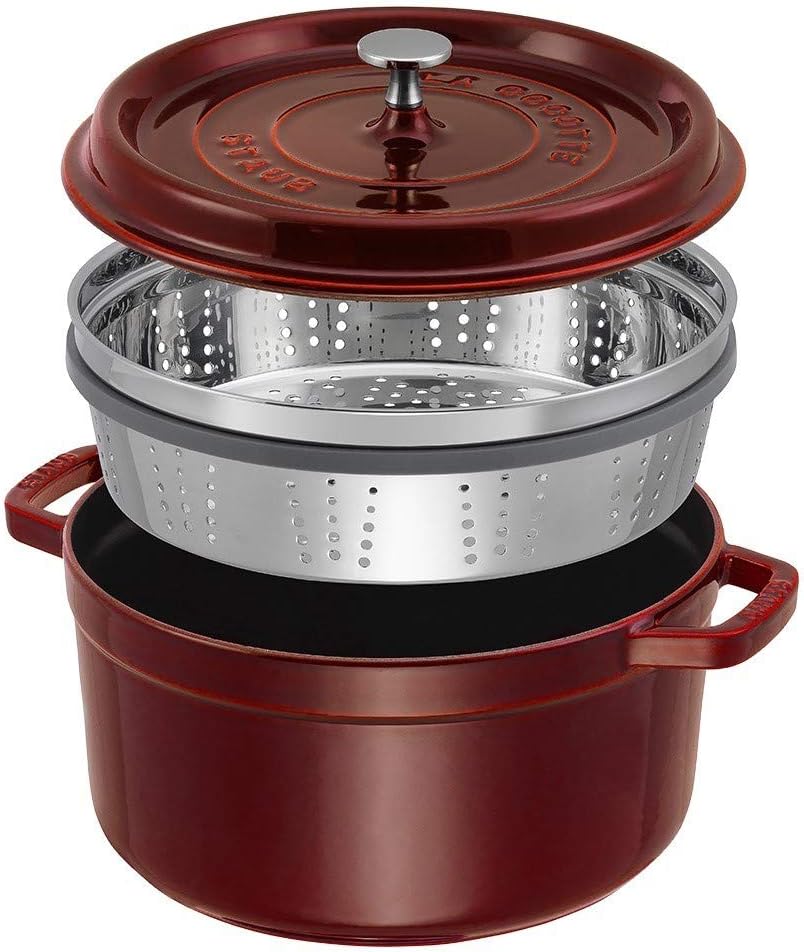 Staub 1133887 Cast Iron Roaster/Cocotte, With Steam Insert, Round 26 cm, 5.2 L, With Matte Black Enamel Inside the Pot, Grenadine