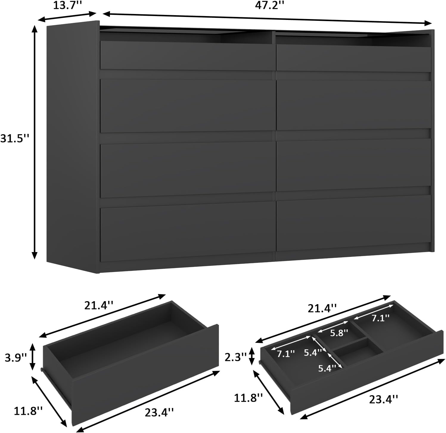 Black 8 Drawer Dresser for Bedroom, Modern Chest of Drawers, Jewelry Dresser Display with Glass Top and LED Light, Dressers Organizer for Bedroom, Closet, Living Room