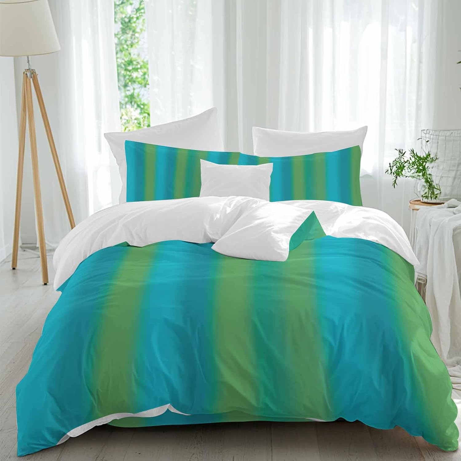 Blue Green Gradient Duvet Cover Set Queen Size 4 Pieces Color Striped Ombre Modern Minimalist Art Bedding Set with Zipper Closure, 1 Comforter Cover 90x92 Inches 1 Flat Sheet & 2 Pillow Cases