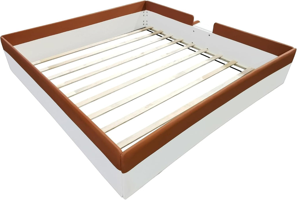 VilroCaz King Size Upholstered Daybed Frame with Fence and Stairs, Montessori Kids Floor Bed with Sturdy Slat Support for Kids Boys Girls (Brown+King)